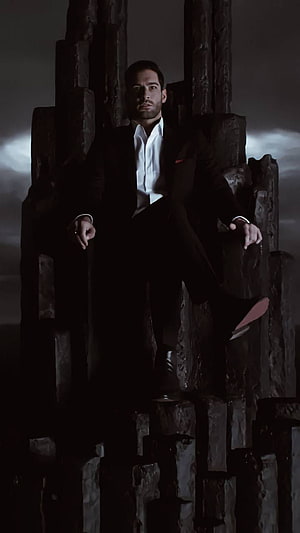 Lucifer Morningstar Sitting on a Dark Stone Throne in a Black Suit HD phone wallpaper