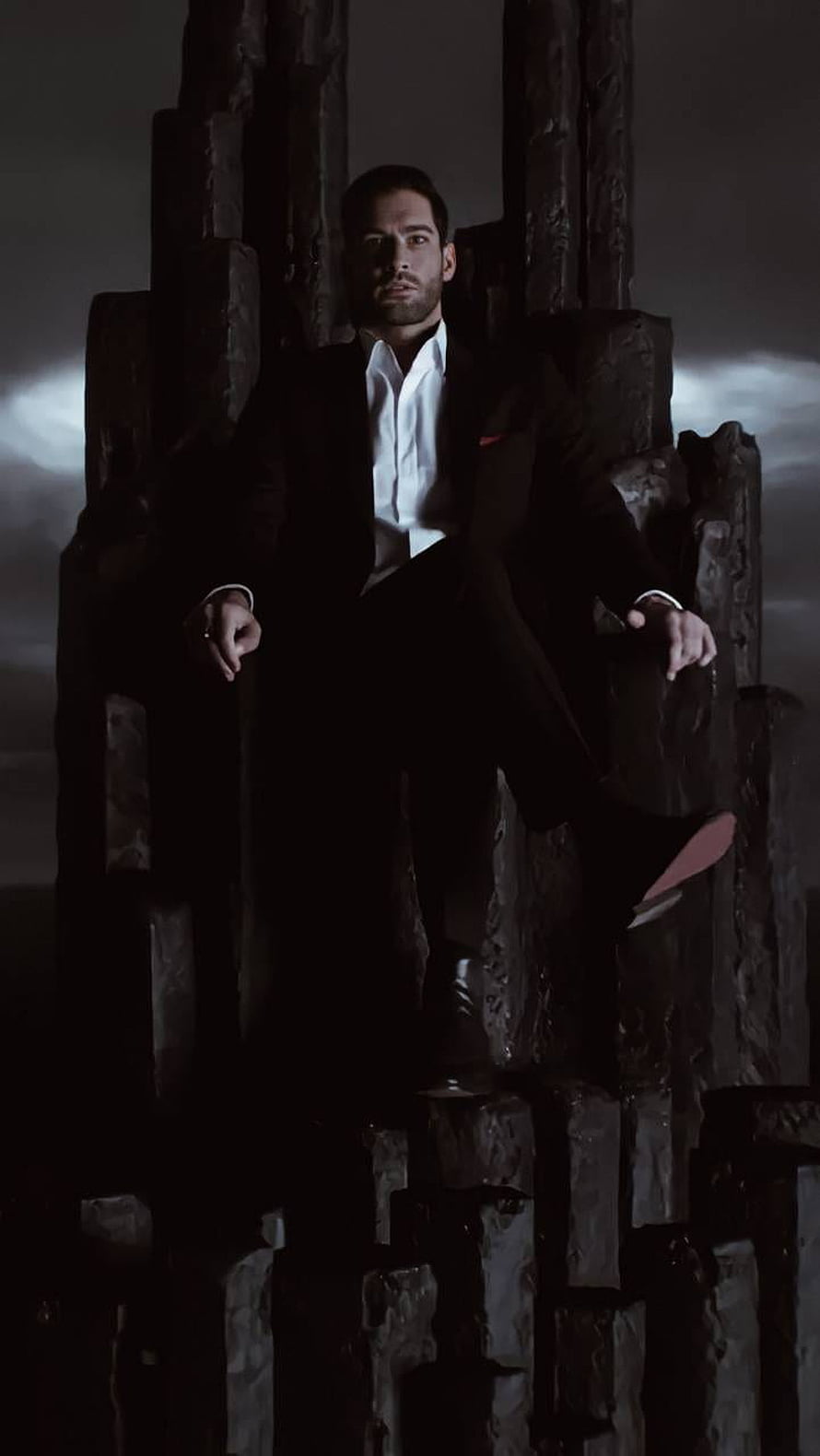 Lucifer Morningstar Sitting on a Dark Stone Throne in a Black Suit HD phone wallpaper