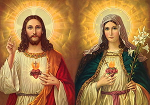Sacred Art of Jesus and Mary with Sacred Hearts and Lilies HD wallpaper