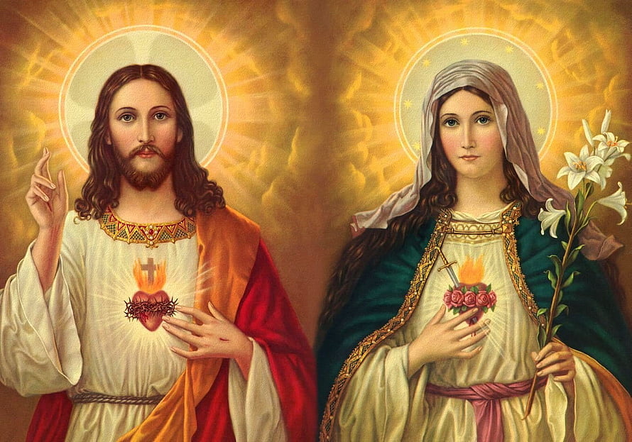 Sacred Art of Jesus and Mary with Sacred Hearts and Lilies HD wallpaper