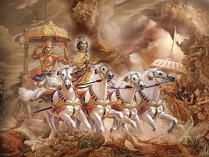 Arjuna and Krishna in the Chariot from the Mahabharata War HD wallpaper