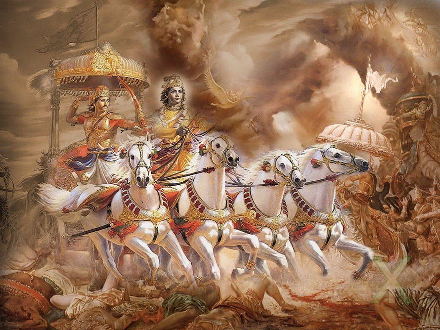 Arjuna and Krishna in the Chariot from the Mahabharata War HD wallpaper