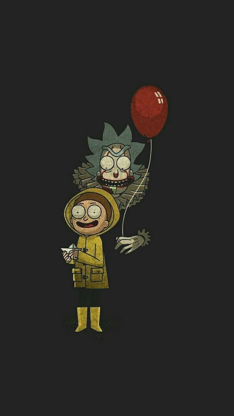 Rick and Morty Horror Artwork with Creepy Clown Rick and Morty in Yellow Raincoat HD phone wallpaper