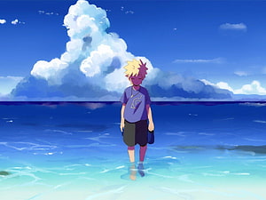 Uzumaki Naruto Walking Through Shallow Ocean Water Under a Blue Sky HD wallpaper