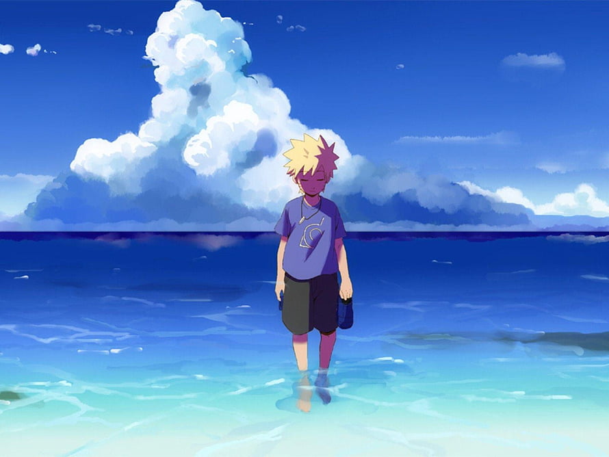 Uzumaki Naruto Walking Through Shallow Ocean Water Under a Blue Sky HD wallpaper
