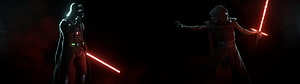 Darth Vader and Kylo Ren Face Off with Red Lightsabers in Dark Cinematic Scene HD wallpaper