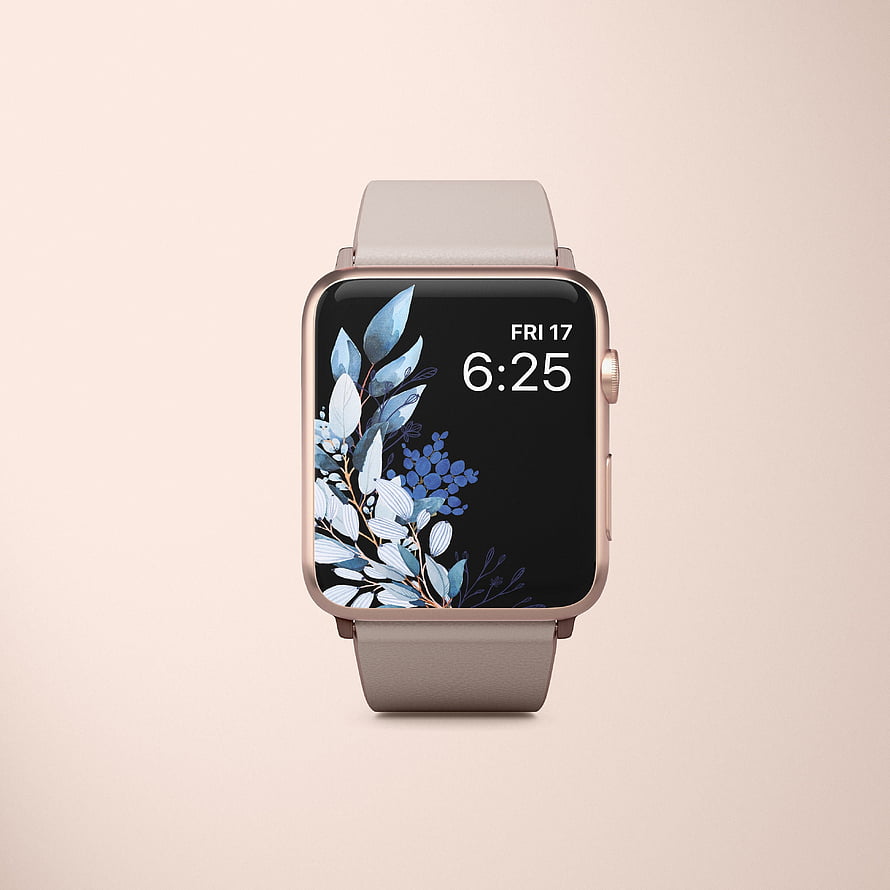 Apple Watch with Rose Gold Case and Floral Blue Leaf Watch Face on Beige Background HD phone wallpaper
