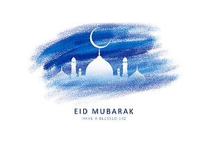 Eid Mubarak Greeting Card with Mosque Silhouette and Crescent Moon in Blue Watercolor Style HD wallpaper