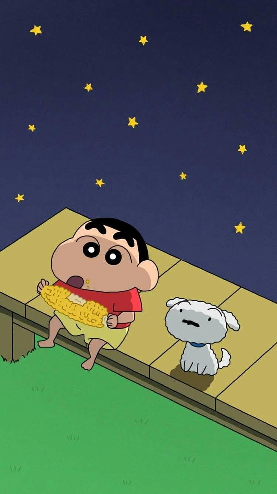 Crayon Shin-chan and Shiro Eating Corn on a Rooftop Under a Starry Night Sky HD phone wallpaper