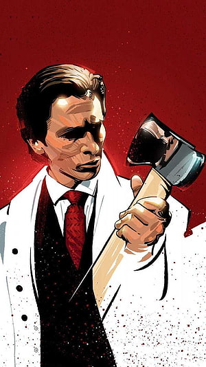 Comic Book Style Illustration of a Man in a White Coat Holding an Axe, Patrick Bateman HD phone wallpaper
