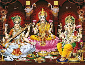 Saraswati, Lakshmi, and Ganesha Hindu Deities Sitting on Lotus Flowers with Offerings HD wallpaper