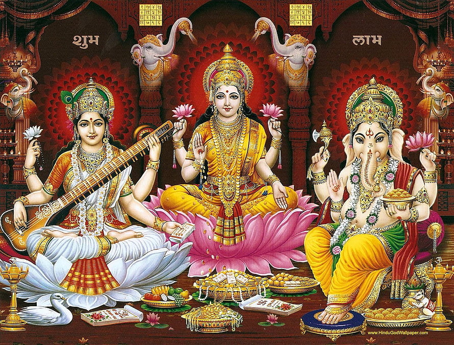 Saraswati, Lakshmi, and Ganesha Hindu Deities Sitting on Lotus Flowers with Offerings HD wallpaper