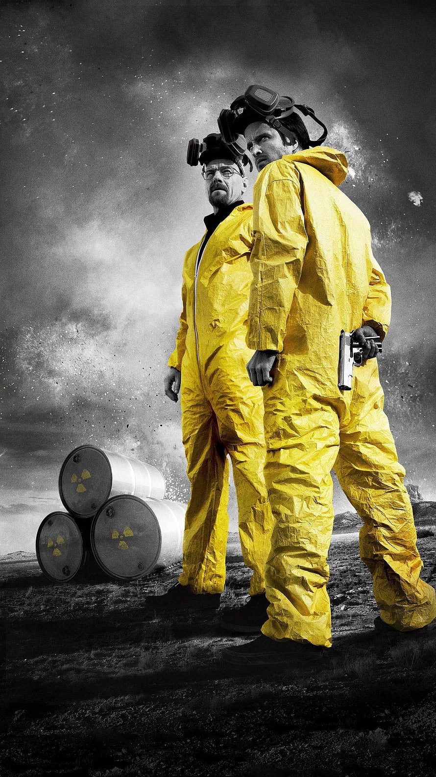 Breaking Bad Walter White and Jesse Pinkman in Yellow Hazmat Suits with Radioactive Barrels, Breaking Bad HD phone wallpaper
