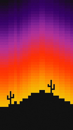 Pixel Art Desert Sunset with Cacti Silhouettes and Vibrant Gradient Sky HD phone wallpaper