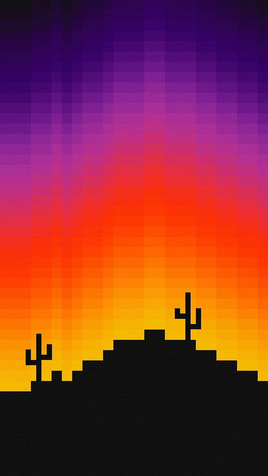 Pixel Art Desert Sunset with Cacti Silhouettes and Vibrant Gradient Sky HD phone wallpaper