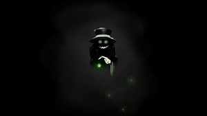 Dark Anime Character in Top Hat Holding Glowing Green Orb in Shadowy Void HD wallpaper