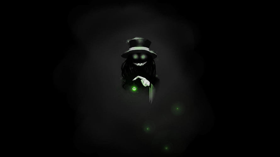 Dark Anime Character in Top Hat Holding Glowing Green Orb in Shadowy Void HD wallpaper
