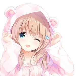 Cute Anime Girl Winking in a Pink Bear Hoodie with Soft Pastel Tones HD phone wallpaper