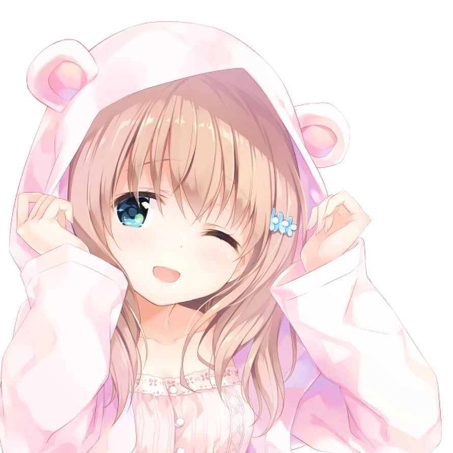 Cute Anime Girl Winking in a Pink Bear Hoodie with Soft Pastel Tones HD phone wallpaper