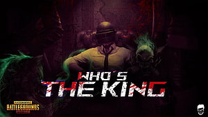 PUBG Mobile Who's The King promotional artwork featuring a character in a helmet and yellow shirt surrounded by green smoke and skulls HD wallpaper