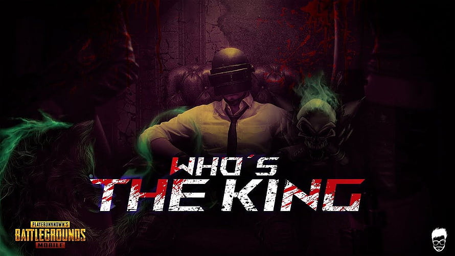 PUBG Mobile Who's The King promotional artwork featuring a character in a helmet and yellow shirt surrounded by green smoke and skulls HD wallpaper