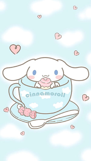 Cute Cinnamoroll Sitting in a Blue Teacup Eating a Pink Cupcake with Hearts HD phone wallpaper