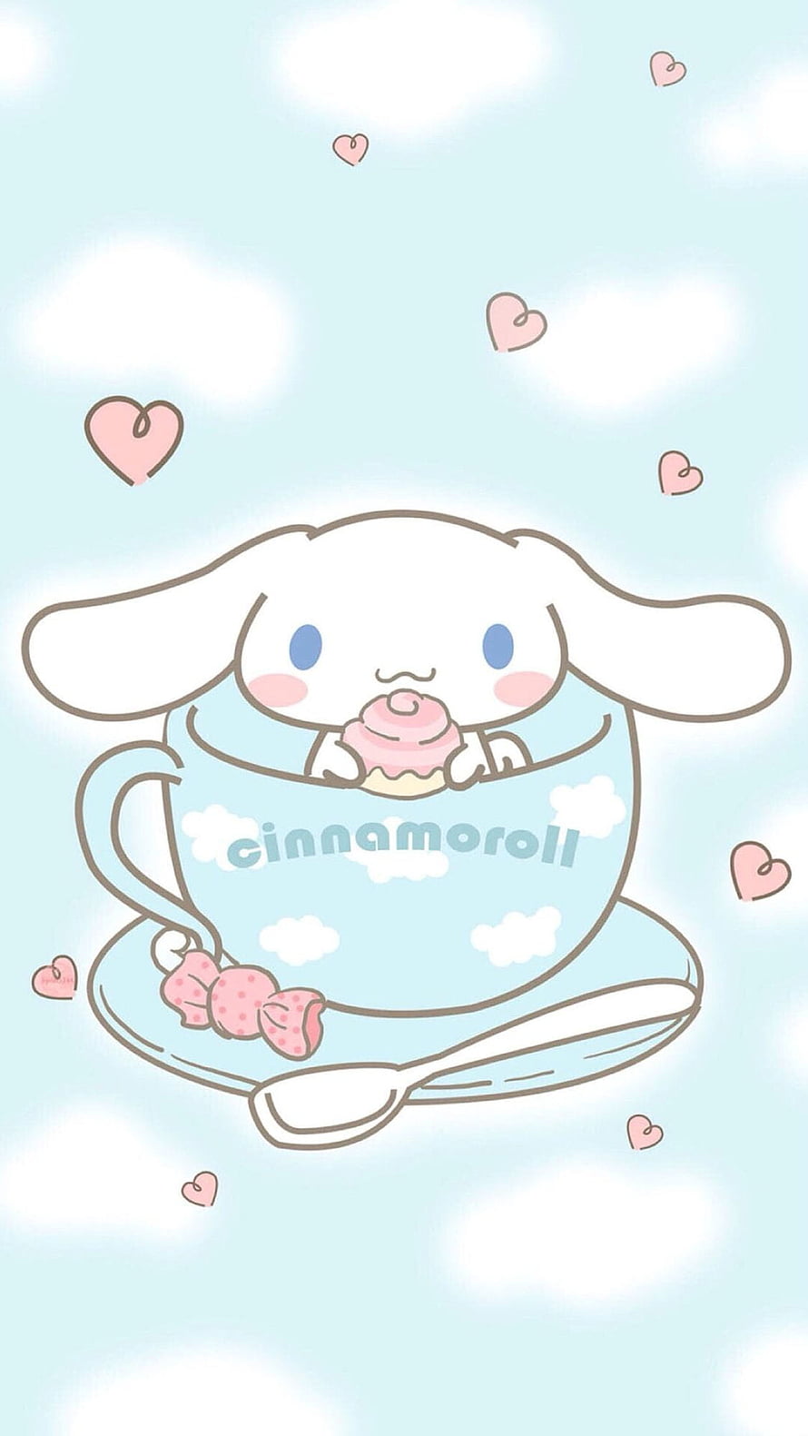 Cute Cinnamoroll Sitting in a Blue Teacup Eating a Pink Cupcake with Hearts HD phone wallpaper