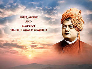Swami Vivekananda Portrait with Inspirational Quote Against Sunset Sky HD wallpaper