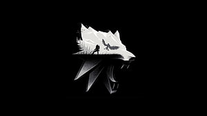The Witcher 3 Wild Hunt Wolf Emblem with Hunter and Griffin Silhouette HD wallpaper