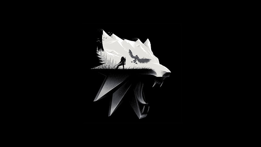 The Witcher 3 Wild Hunt Wolf Emblem with Hunter and Griffin Silhouette HD wallpaper