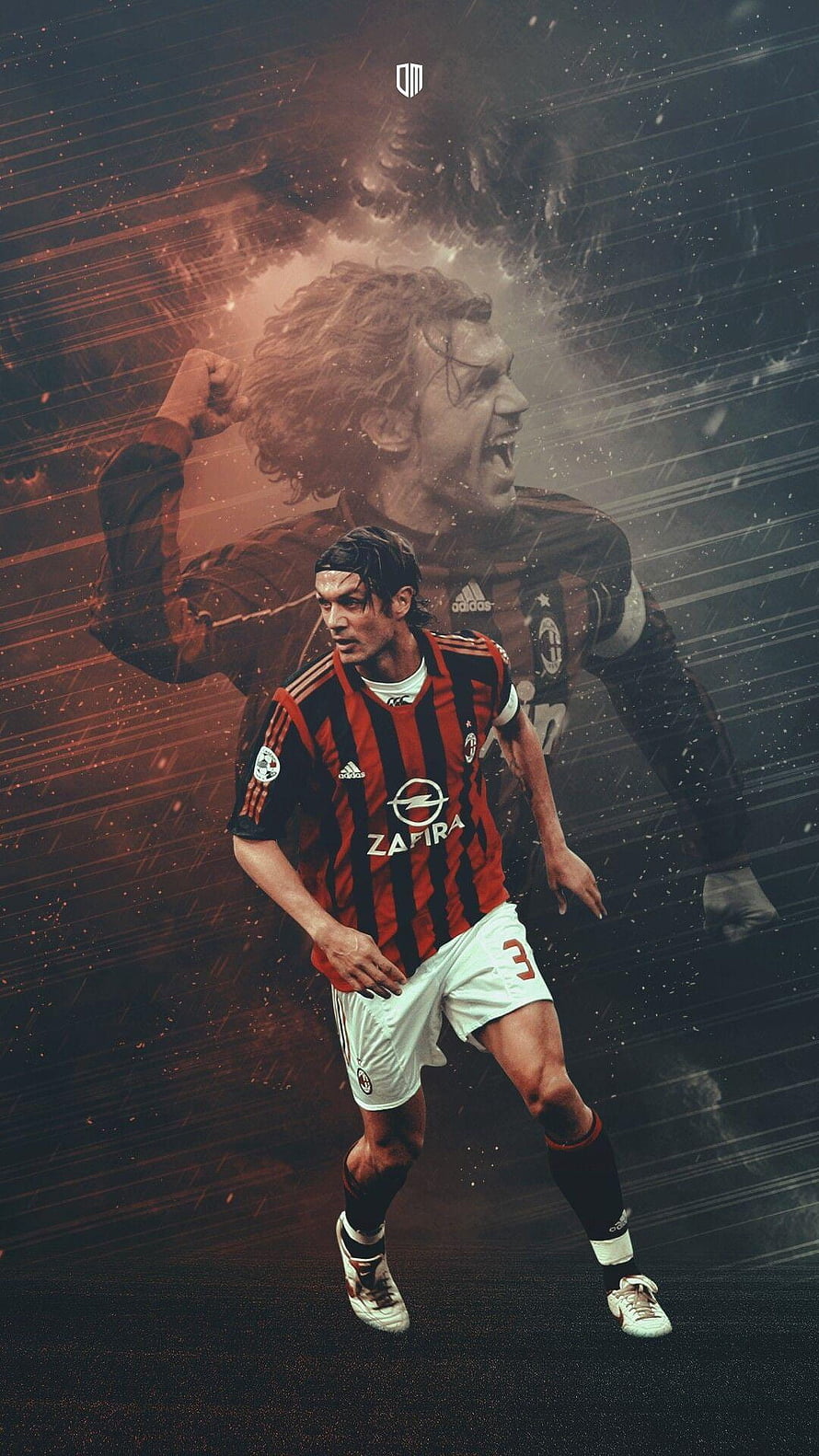 Paolo Maldini in AC Milan Kit with Dramatic Background HD phone wallpaper