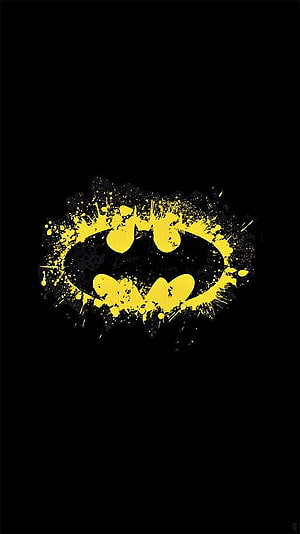 Grunge Splatter Batman Logo on Black Background, batman logo ,batman,black,yellow,text,smile, logo amoled HD phone wallpaper