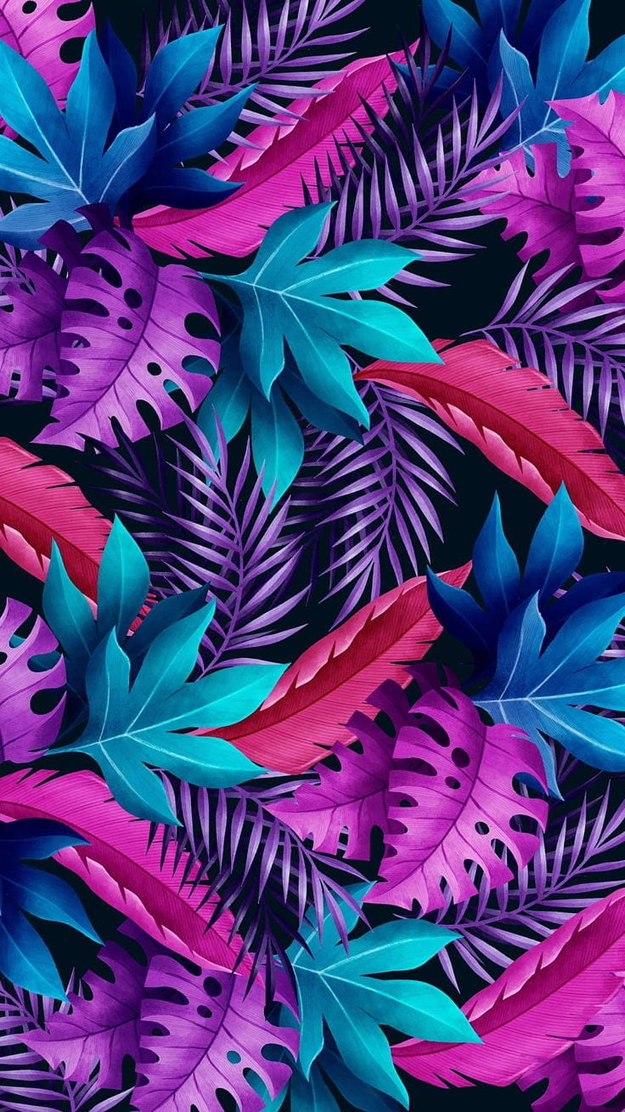 Vibrant Neon Tropical Leaf Pattern with Purple and Teal Botanical Illustration HD phone wallpaper