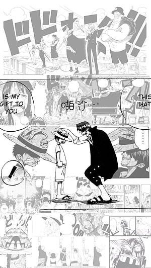 One Piece Manga Panel Compilation Featuring Luffy and Shanks in Black and White HD phone wallpaper