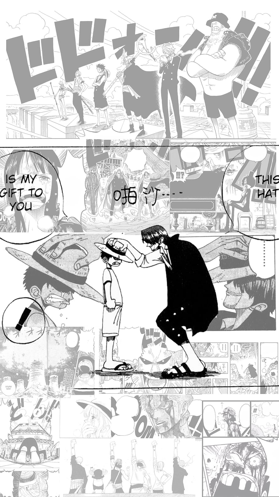 One Piece Manga Panel Compilation Featuring Luffy and Shanks in Black and White HD phone wallpaper