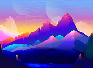 Vibrant Low Poly Mountain Landscape with Gradient Sunset Sky and Celestial Moons HD wallpaper