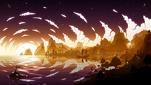 Serene Anime Landscape With Sunset Over Water And Traditional Village HD wallpaper