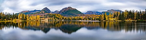 Panoramic View of Mountain Lake with Golden Autumn Forest Reflections HD wallpaper