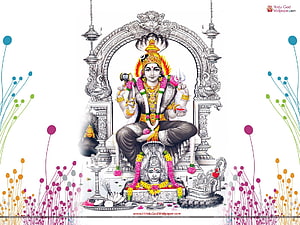 Lord Shiva Seated on Ornate Throne with Trishul and Kamandalu in Traditional Indian Art HD wallpaper