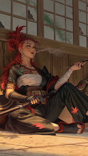Red-Haired Samurai Woman with Dragon Tattoo Smoking a Cigar in a Wooden Room, 326400 Samurai, Warrior, Tattooed, Girl, Fantasy, , Backgrounds, and, samurai woman HD phone wallpaper