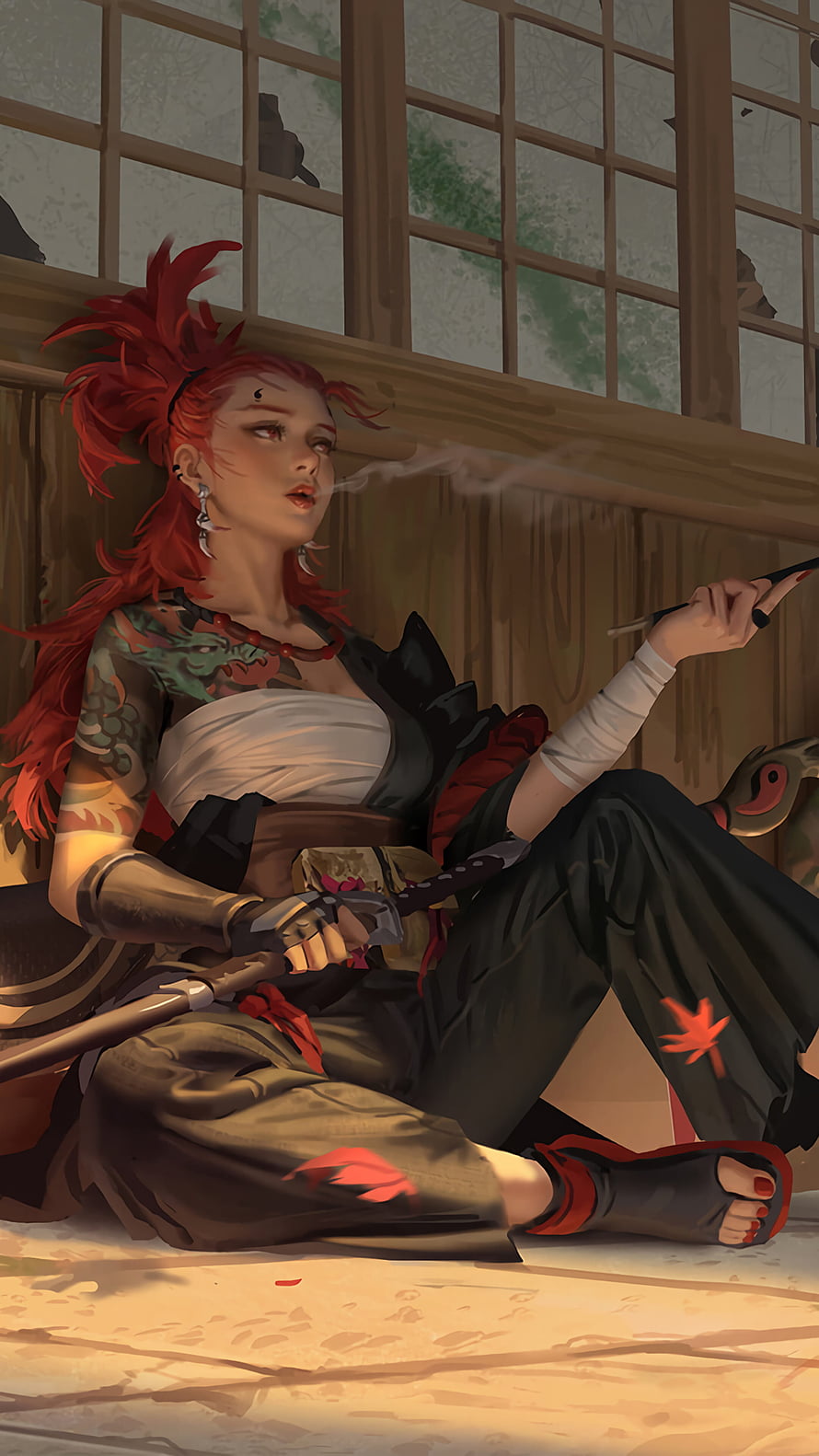 Red-Haired Samurai Woman with Dragon Tattoo Smoking a Cigar in a Wooden Room, 326400 Samurai, Warrior, Tattooed, Girl, Fantasy, , Backgrounds, and, samurai woman HD phone wallpaper
