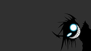 Menacing Shadow Creature with Glowing Cyan Eyes and Sharp Teeth on Dark Background HD wallpaper