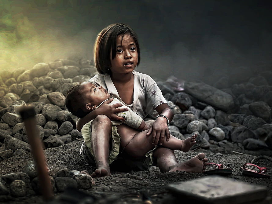 Young Girl Holding Baby Amidst Rubble and Smoke in a Desolate Landscape HD wallpaper