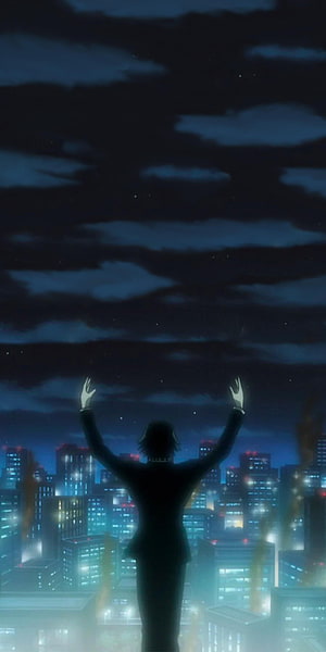 Chrollo Lucilfer Silhouette Reaching Toward a Starry Night Sky Above a Glowing City HD phone wallpaper