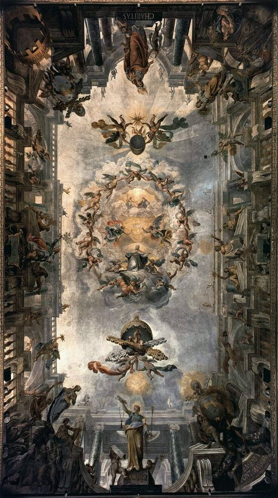 Baroque Ceiling Fresco Depicting Divine Figures and Angels in Architectural Setting HD phone wallpaper