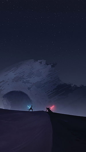 Star Wars Duel on Exegol with Sith Citadel and Lightsabers HD phone wallpaper