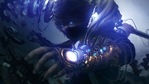Steampunk Anime Character with Glowing Mechanical Gauntlet and Blue Eyes HD wallpaper