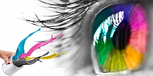 Creative Eye with CMYK Paint Splashes and Black and White Eyelashes HD wallpaper