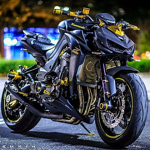 Custom Black and Gold Kawasaki Z900 Motorcycle Night Photography HD phone wallpaper