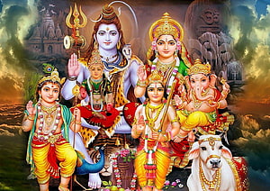 Hindu Family Portrait of Lord Shiva, Parvati, Ganesha, Kartikeya, and Hanuman, full size Shiv Parivar, shiv pariwar HD wallpaper